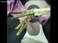 Skinny teen dude explores his deepest fantasies as his DOM uses clothes-pins on his dick